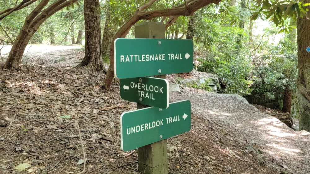 Three green signs, stacked on top of each other read "rattlensnake trail", "overlook trail", and "underlook trail"