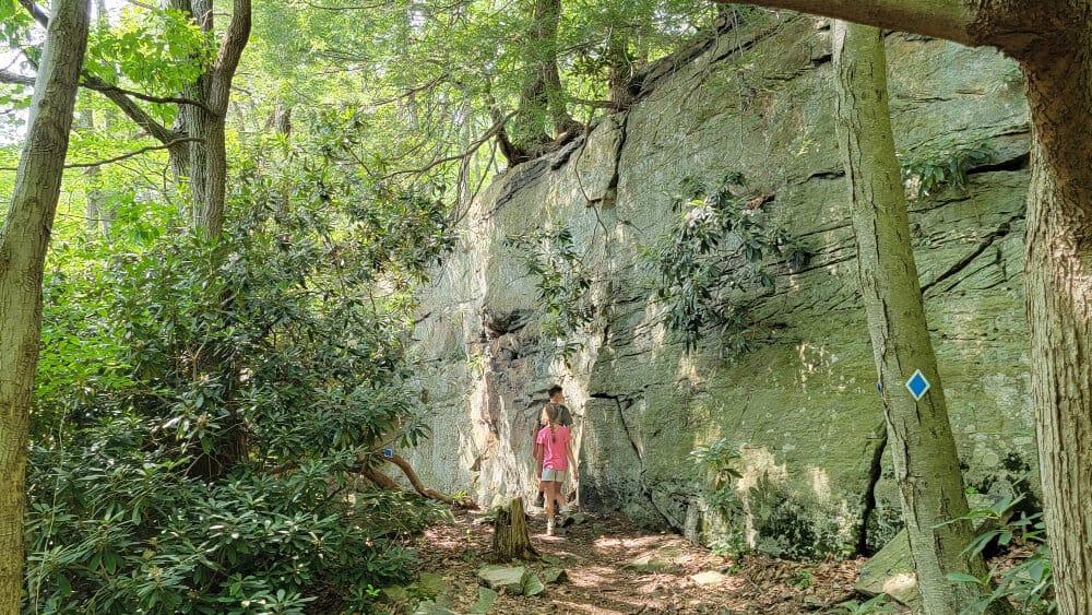 Two kids walk along a path with a large rock wall to their right