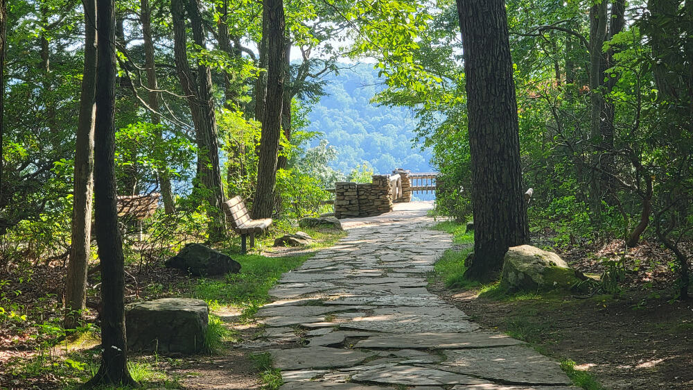 A flat stone path leads through a forest with a bench on the left and an overlook in the distance