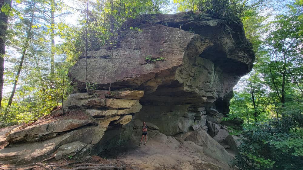 A small stone natural arch with trees in the background