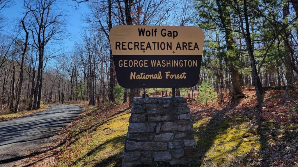 Sign reads "Wolf Gap Recreation Area: George Washington National Forest"