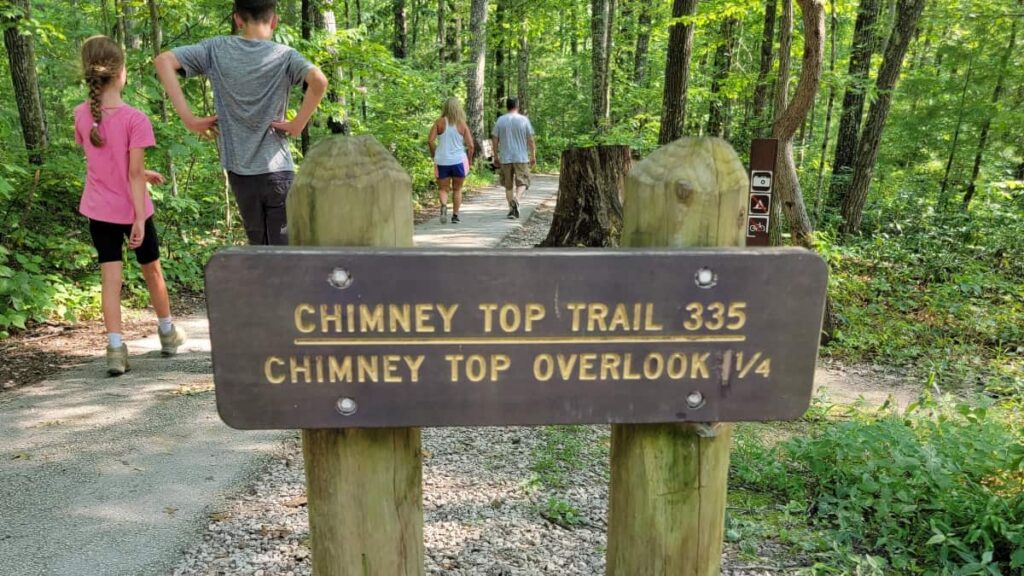 trailhead sign that reads "chimney top trail 335: chimney top overlook 1/4"
