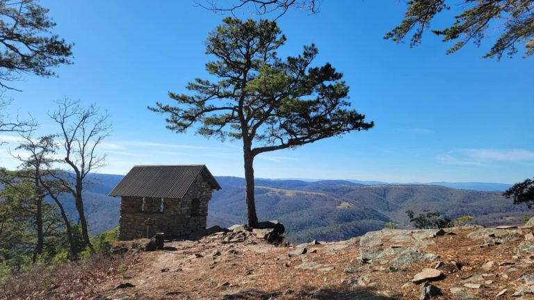 Stone shelter and view of West Virginia in the distance