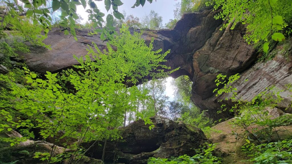 View of massive stone arch from below