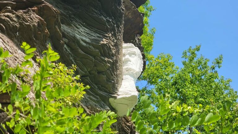 a profile of Zaddock Pratt is carved into the rock and painted white to stand out