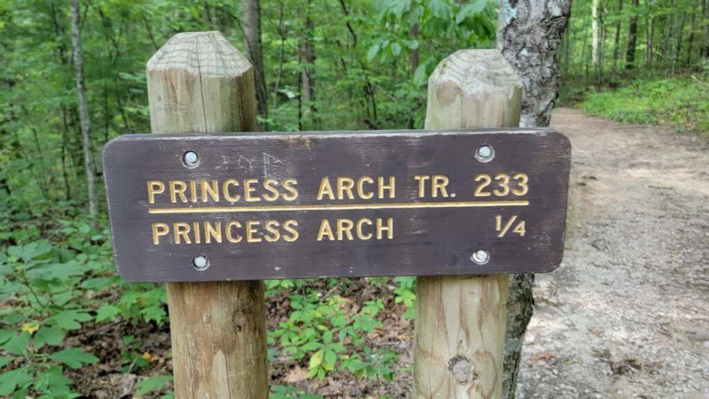 trailhead sign that reads "princess arch TR 233: princess arch 1/4"