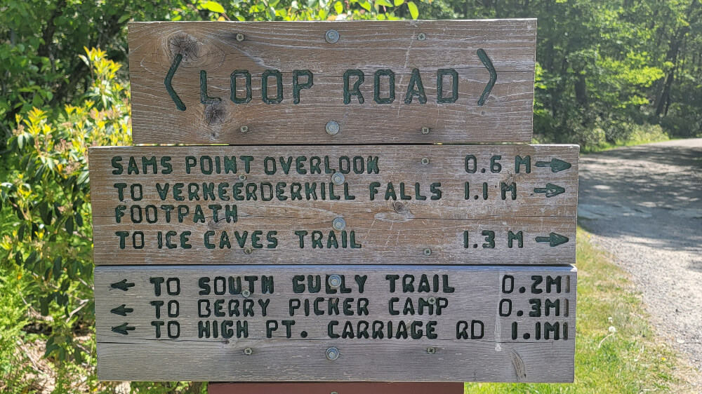 Trail sign reading "Loop Road". Sign lists multiple trails and the direction to follow including Sam's Point Overlook (.6 miles) and the Ice Caves (1.3 miles)