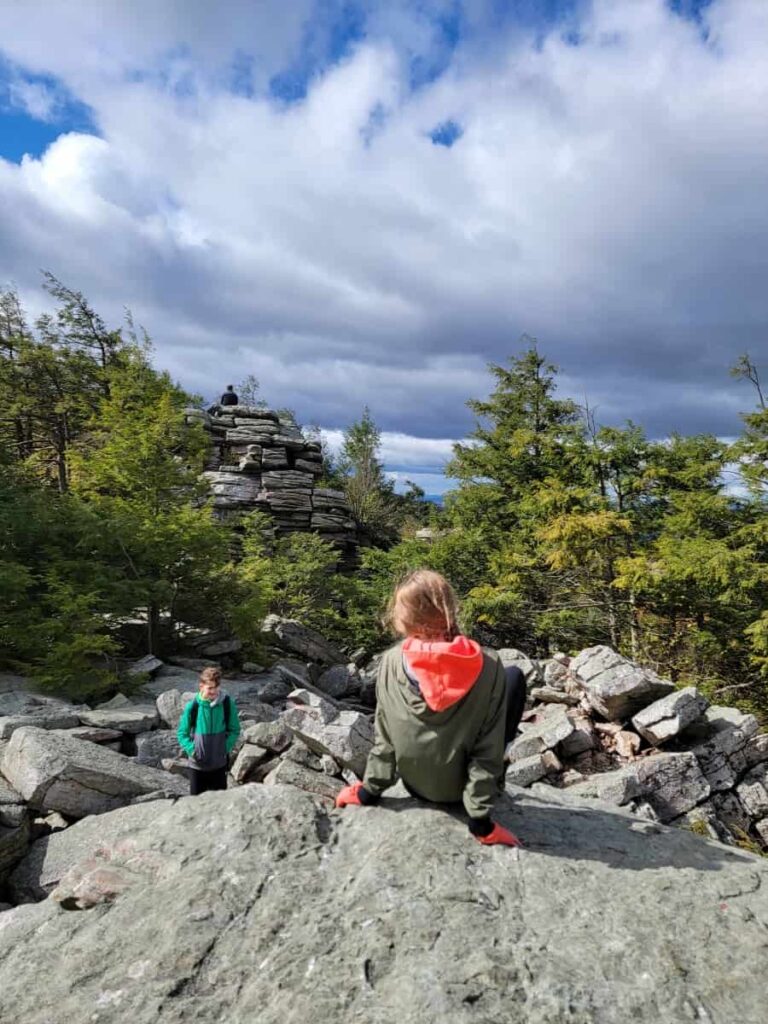 A young girl sits on the edge of a large rock while a boy stands below her. There are several large boulders piled beneath them