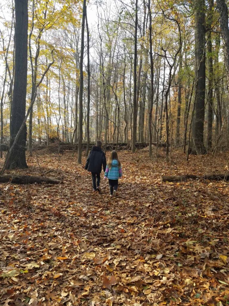 Two kids walk through the woods with leaves covering the ground