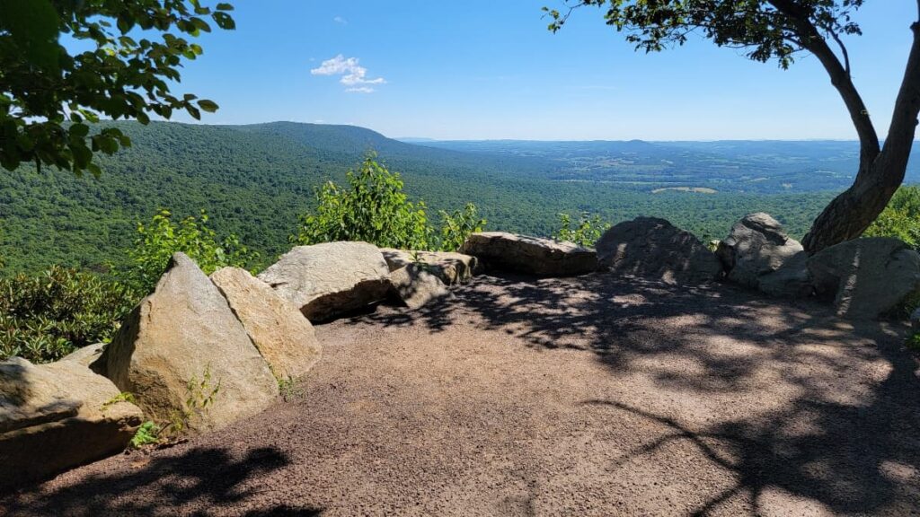 The south overlook at Hawk Mountain is cleared of stone and features a bench for the accessible overlook