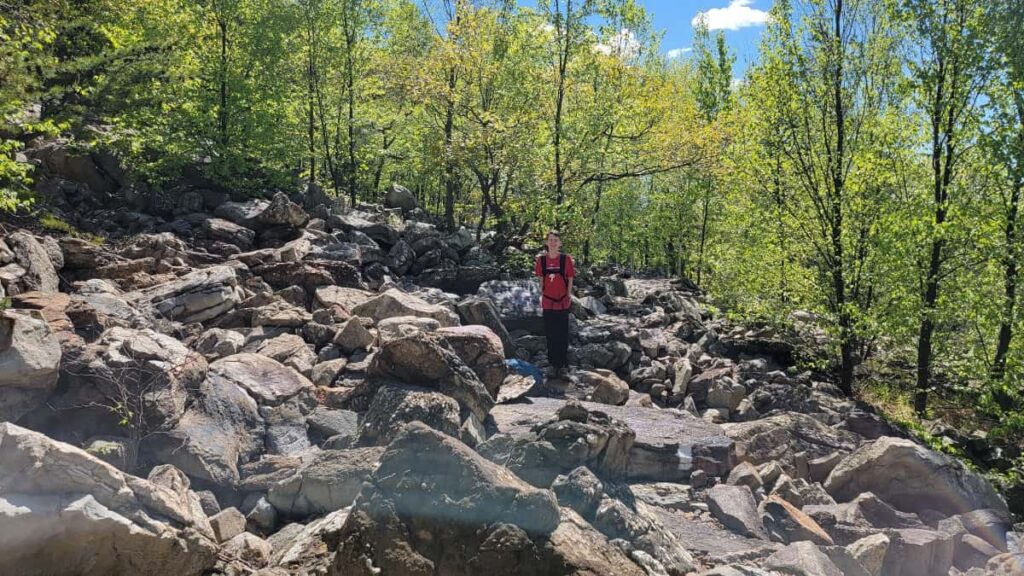 A boy stands in the middle of small rocks with trees surrounding