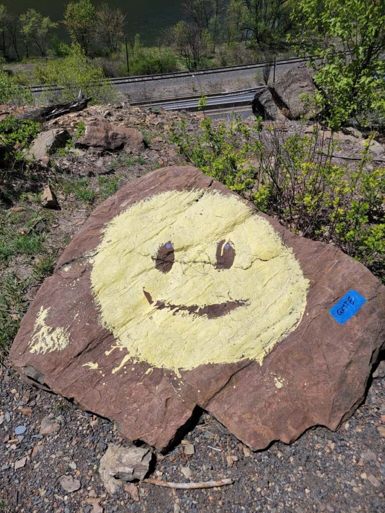 A yellow smiley face is painted on a rock
