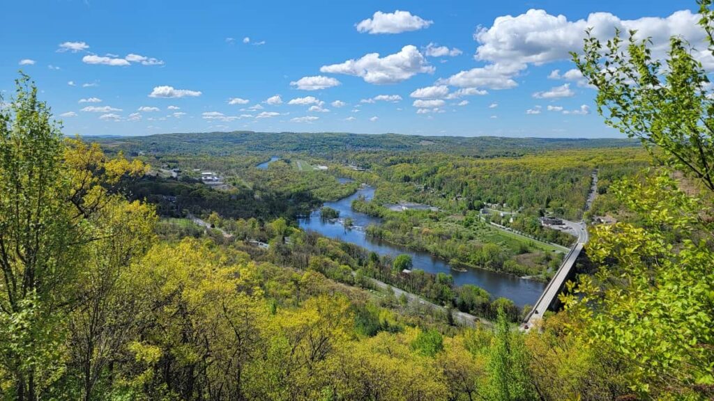 View from the Lehigh Gap East loop looking down towards the Lehigh River and with bridge crossing