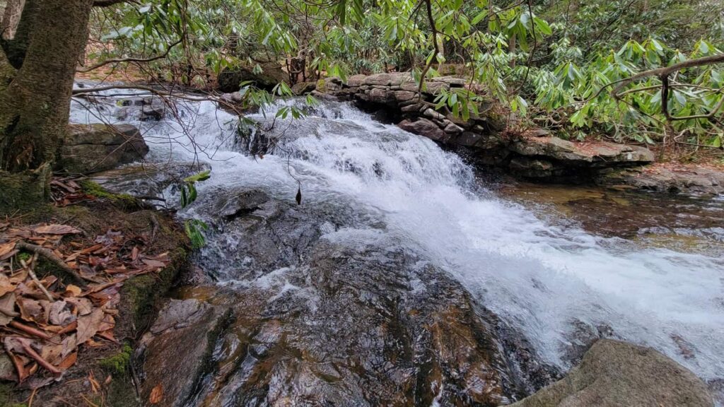 water flows naturally over a cascade on the Sand Spring Run along the Shades of Death trail