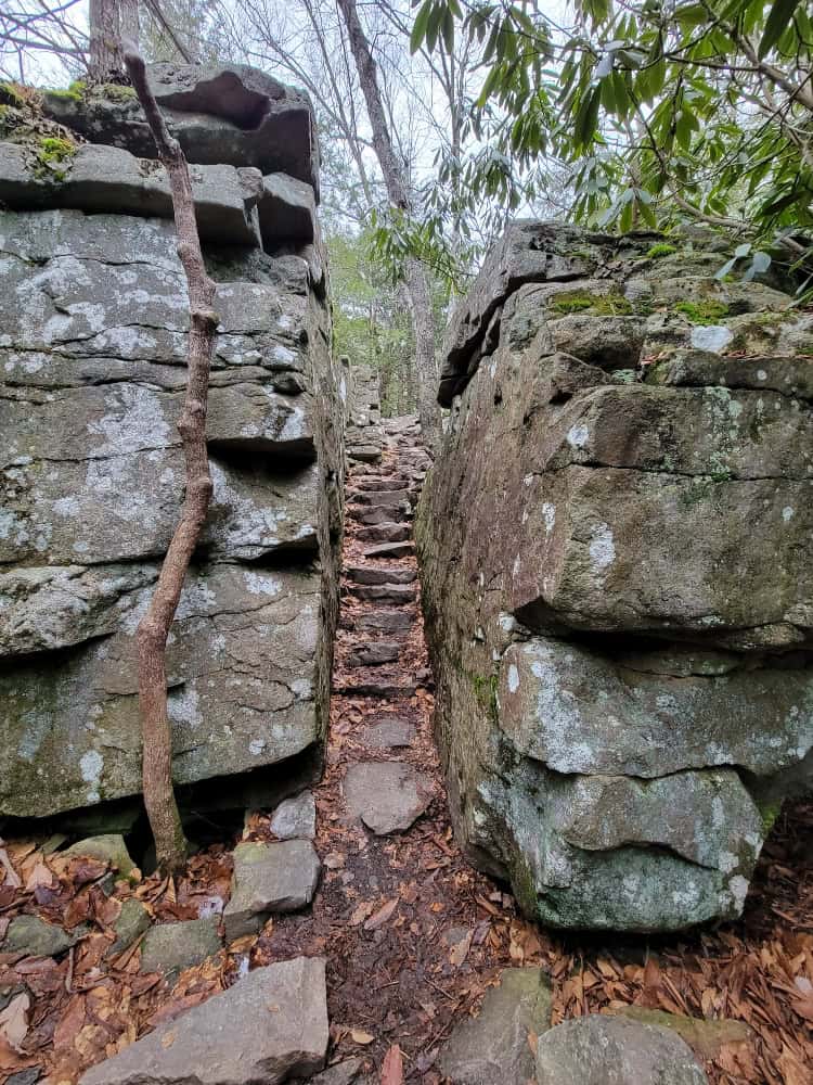 A skinny staircase made of stones passes through two large rock formations