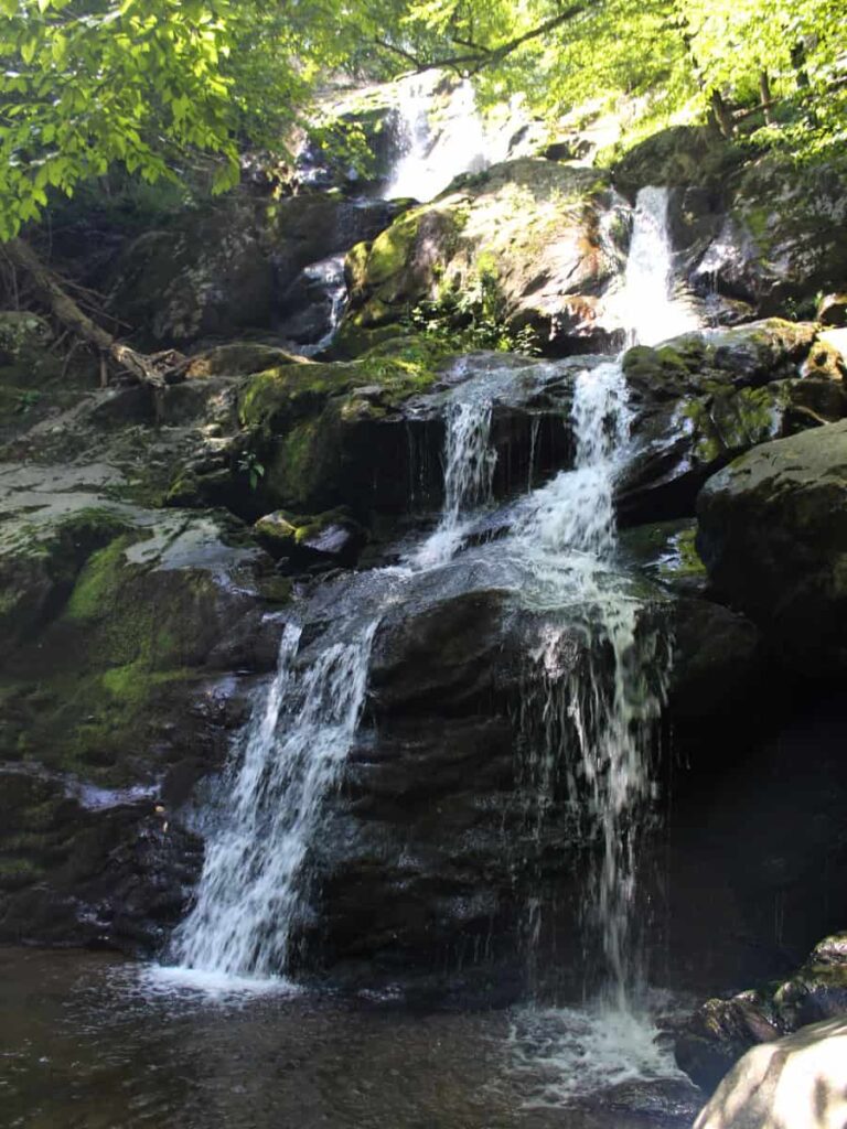 A waterfall spills over rocks at Dark Hollow Falls trail in Shenandoah National Park
