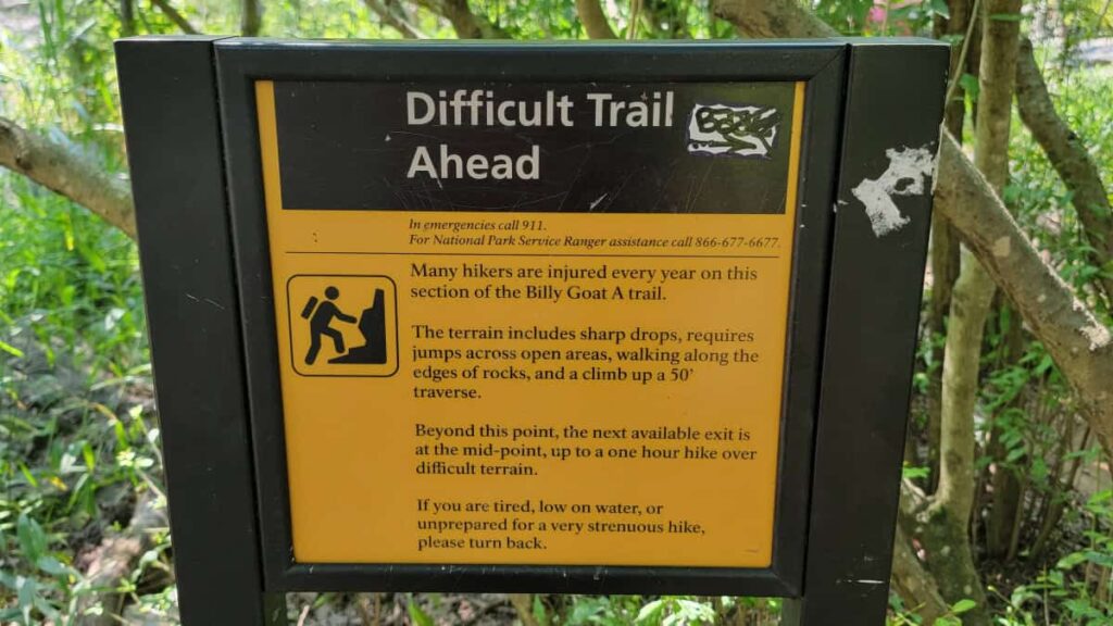 Sign reads "Difficult trail ahead" and gives options for those who don't want to continue