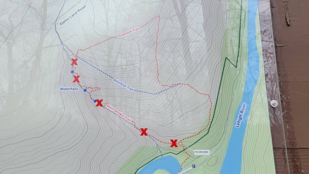 Photo of the map at Glen Onoko Trail. The map indicates the waterfall trail is closed however the overlook trail and shortcut trail are open.