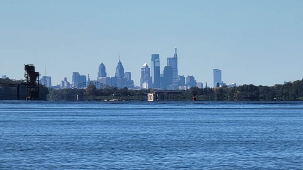 The Philadelphia skyline as seen from the bank of the Delaware River in Neshaminy State Park