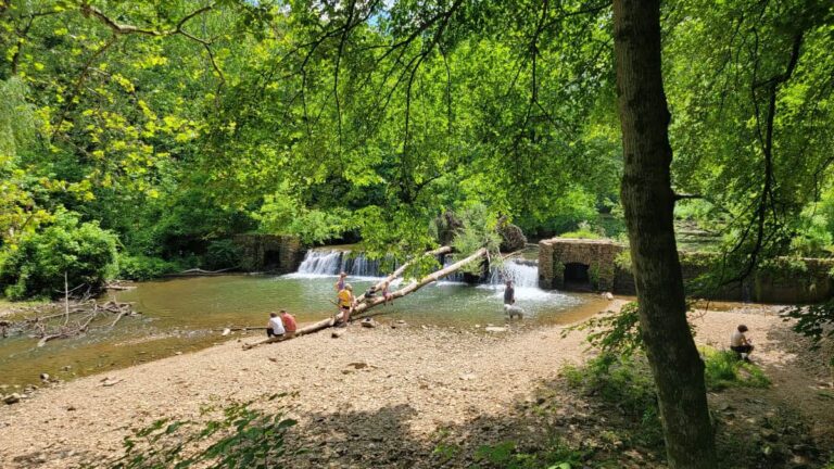 View of Valley Creek in the distance with people gathered along the bank and a dam waterfall in the background