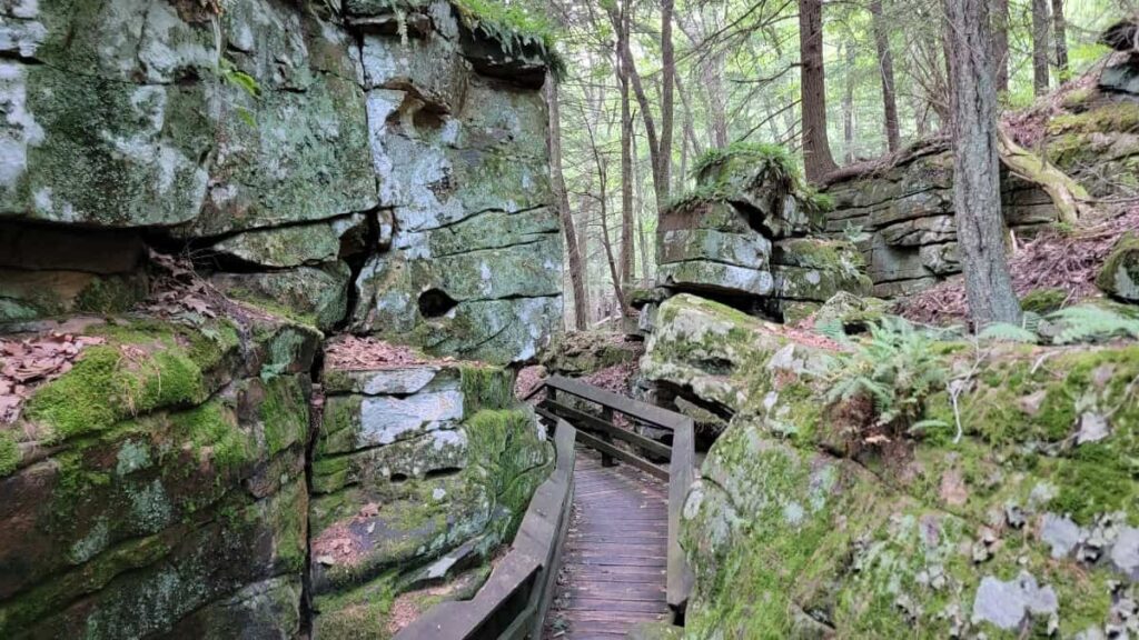 the boardwalk trail at Beartown State Park leads through many rock formations and through the forest