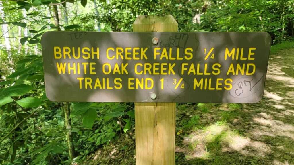 Trailhead sign reads "brush creek falls 1/4 mile; White oak creek falls and trails end 1 3/4 mile"