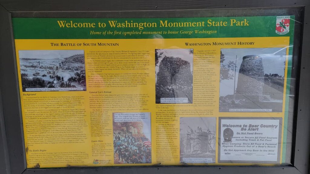 infographic sign at the trailhead to the Washington Monument. Sign gives history of the Battle at South Mountain 