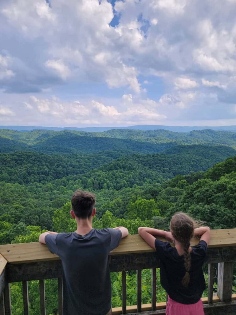 two kids stand at a wooden railing looking out over mountains in West Virginia