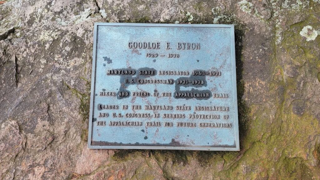 A plaque on the rock at Weverton Cliffs dedicated to Goodloe E Byron