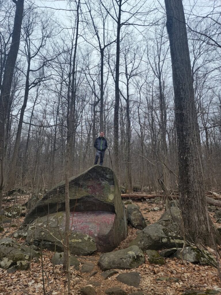 a boy stands on a large boulder in the middle of the woods durign winter