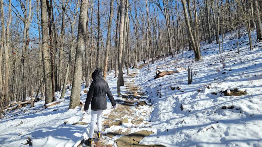 Young girl walks up a snowy hiking trail while her brother walks several yards ahead