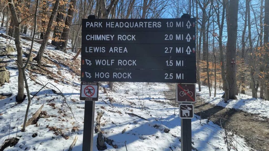 Sign at the trailhead with trail names and distances listed