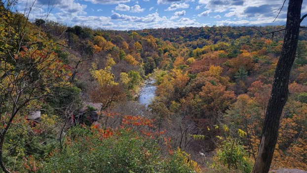 View of the Tohickon Creek gorge from High Rocks at Ralph Stover State Park in the Fall