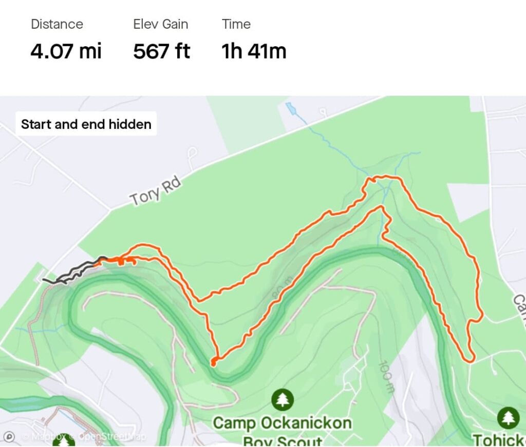 screenshot from Strava App showing hike at High Rocks in Ralph Stover and Tohickon Valley Park