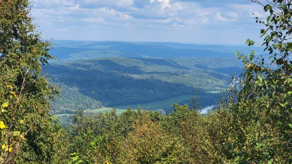 View of the Delaware River from an overlook along the Appalachian Trail with a mountain in the distance