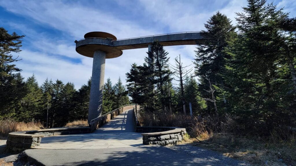 View looking at the Kuwohi Clingmans Dome observation tower from the path below