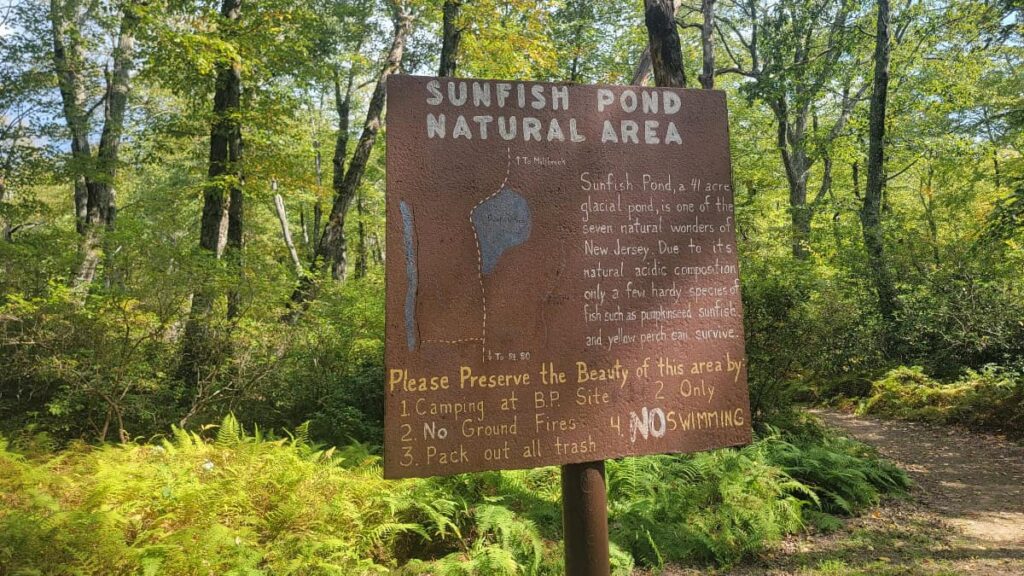 A brown sign posted near Sunfish Pond reads "Sunfish Pond Natural Area"