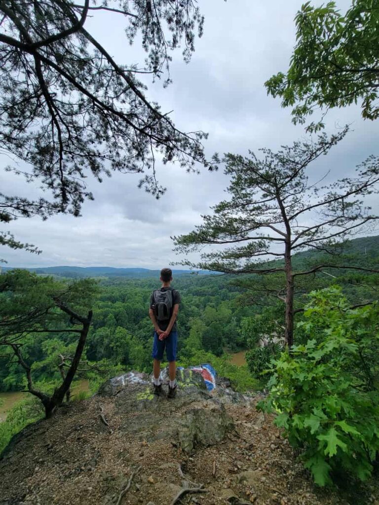 A young boy stands at a clearing looking out over the Schuylkill river