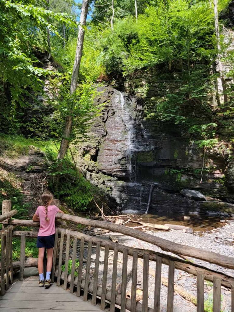 A young girl stands on a viewing platform looking at a lightly flowing Bridal Veil Falls