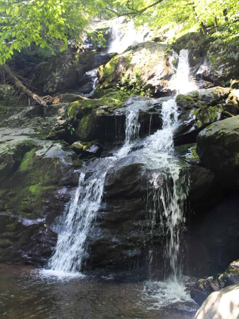 A large waterfall flows into a small pool in Shenandoah National Park