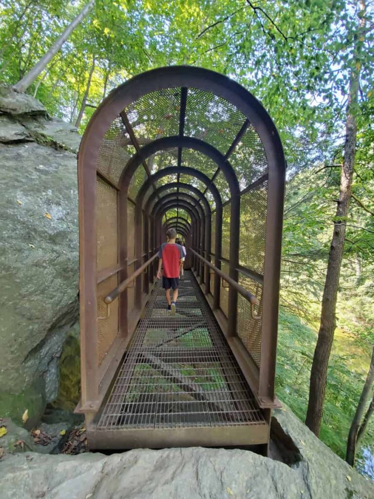 A child walks through a mesh metal arched bridge in Wissahickon