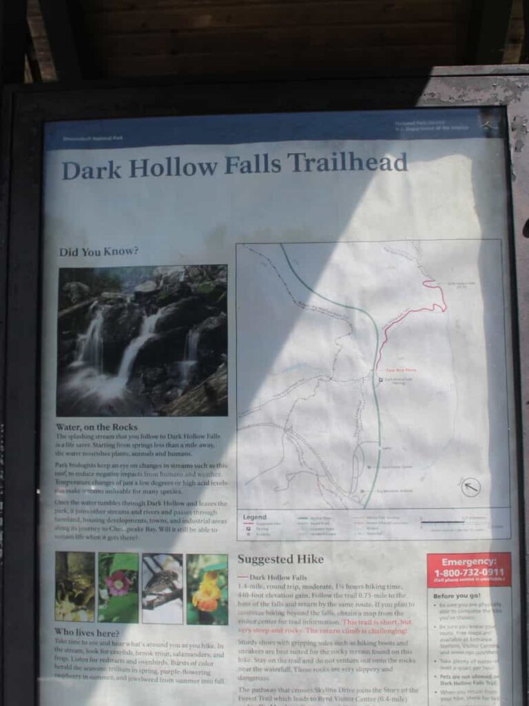 A sign at the trailhead depicts a map of the Dark Hollow Falls trail