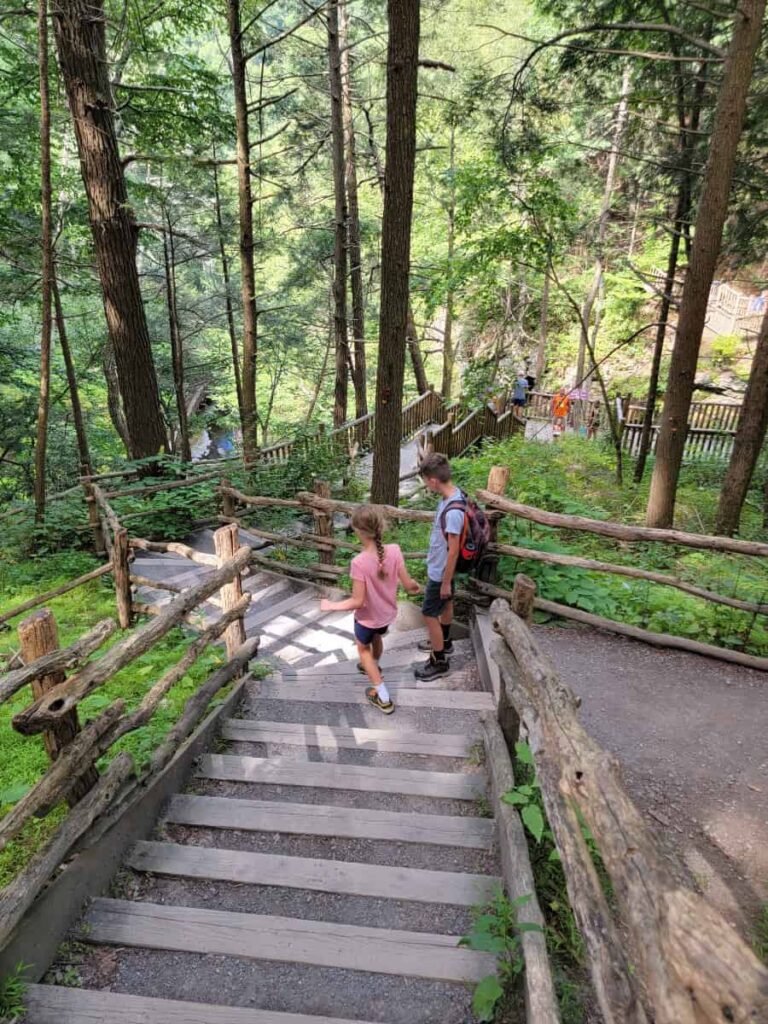 two kids walk down concrete steps at Bushkill Falls