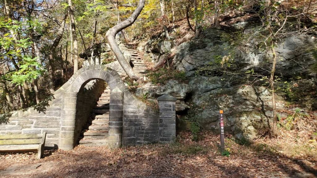 A stone archway leads to stairs within Wissahickon Valley park