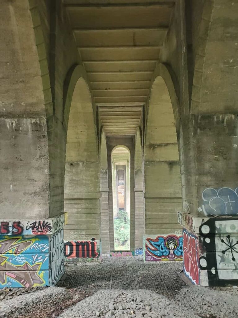 Grafitti covers the lower sections of concrete bridge footings