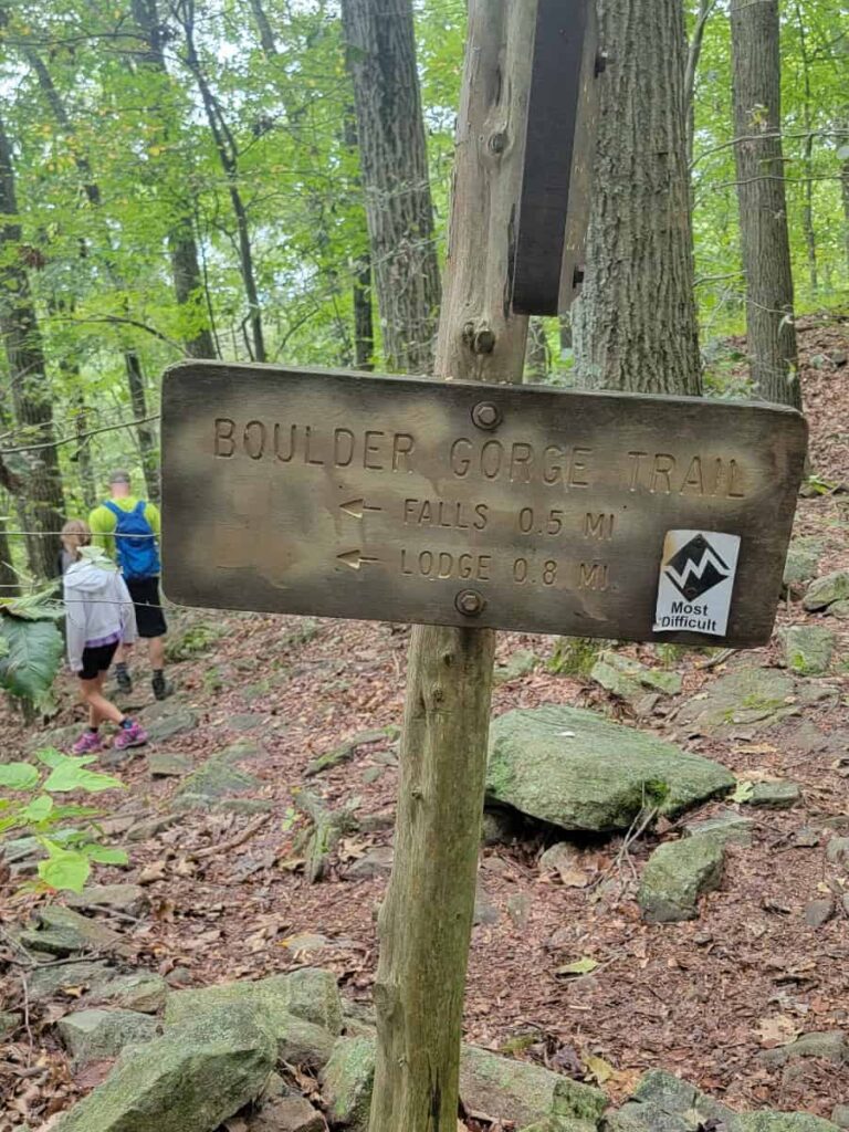 A wooden sign reads "Boulder Gorge Trail" and indicates a trail to waterfalls