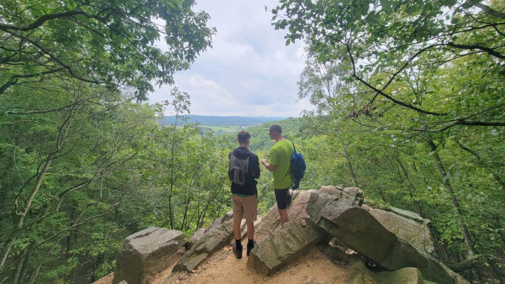 Two men look out through trees at the overlook at Schooley's Mountain County Park