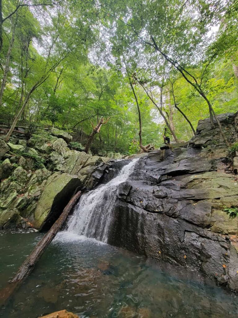 A small waterfall flows in a pool of water at Schooley's Mountain