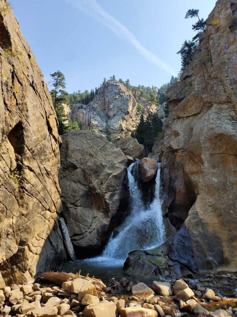 Boulder Falls flows over rocks in the Boulder Canyon