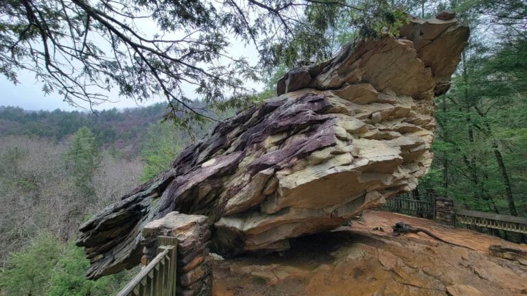 Balanced Rock at Trough Creek State Park is a large boulder that sits perched on the edge of the gorge